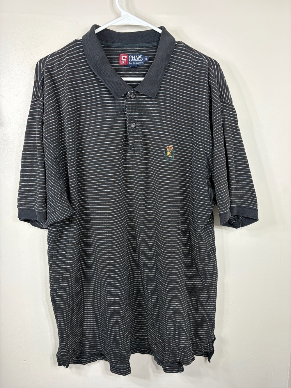 Vintage Chaps Ralph Lauren Polo Shirt Men’s XXL Gray Pinstripe Crest Logo Cotton